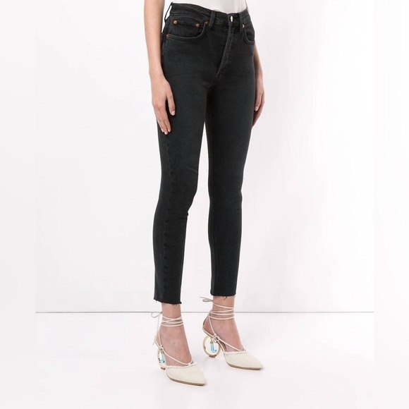 REDONE Black High Waisted  Jeans Comfort Stretch High Rise Ankle Crop - Picture 5 of 14